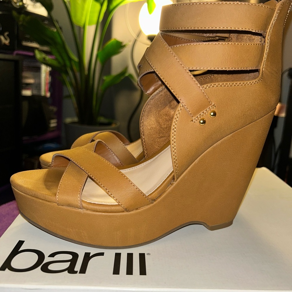 Bar III Tan Strappy Crisscross Wedge Sandals - Picture 2 of 6